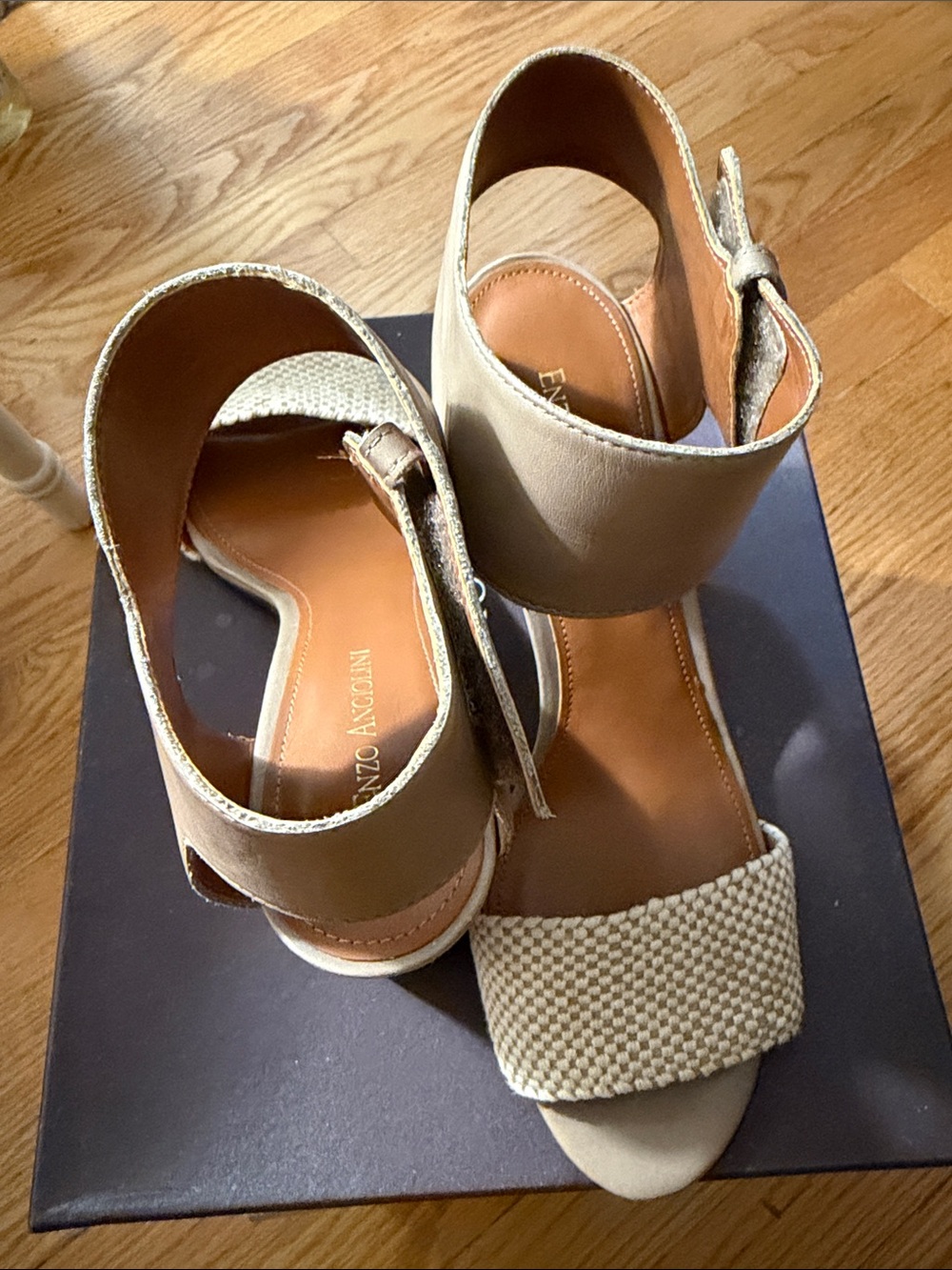 Enzo Angiolini Taupe Woven Front Strap Block Heel Sandals